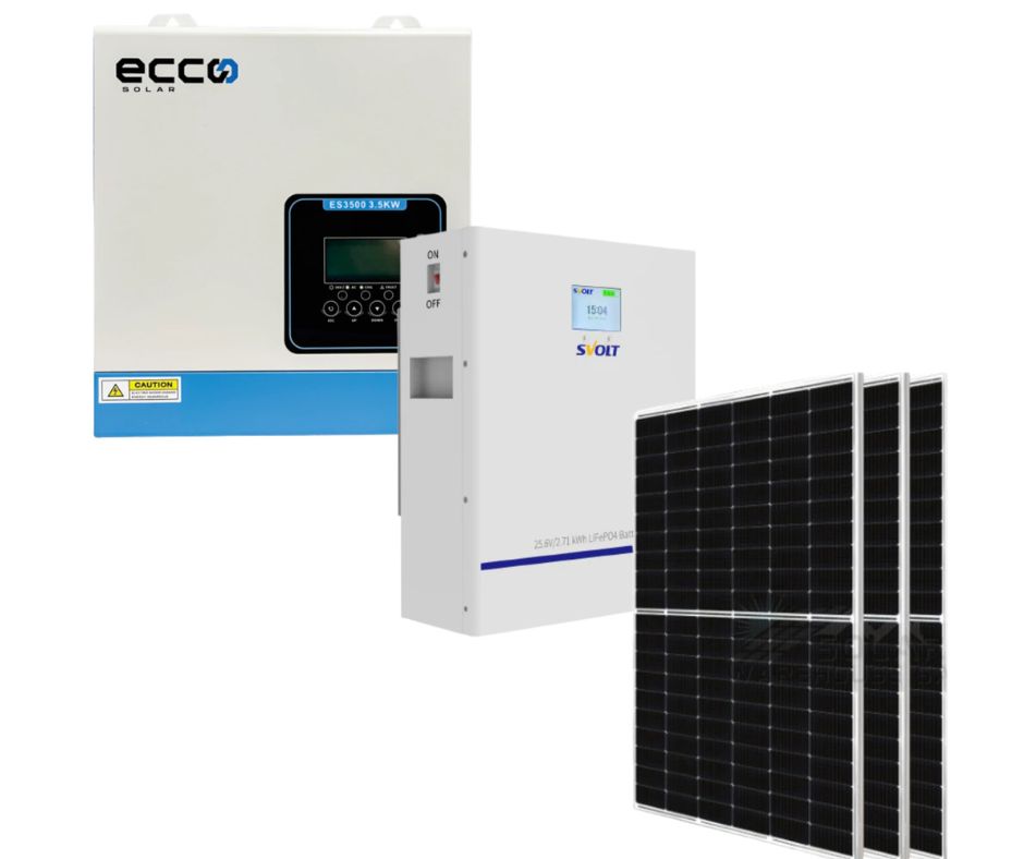ecco 3.5 kva mppt 100a svolt 2.71 kwh lithium 25a 3x 460w mono solar panels combo kit